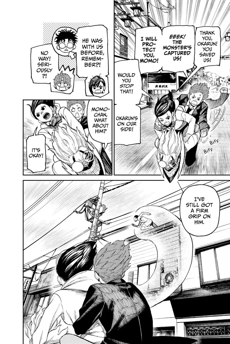 Momo thanks Okarun for saving her. The naked, weird guy keeps running, but Momo still holds him.