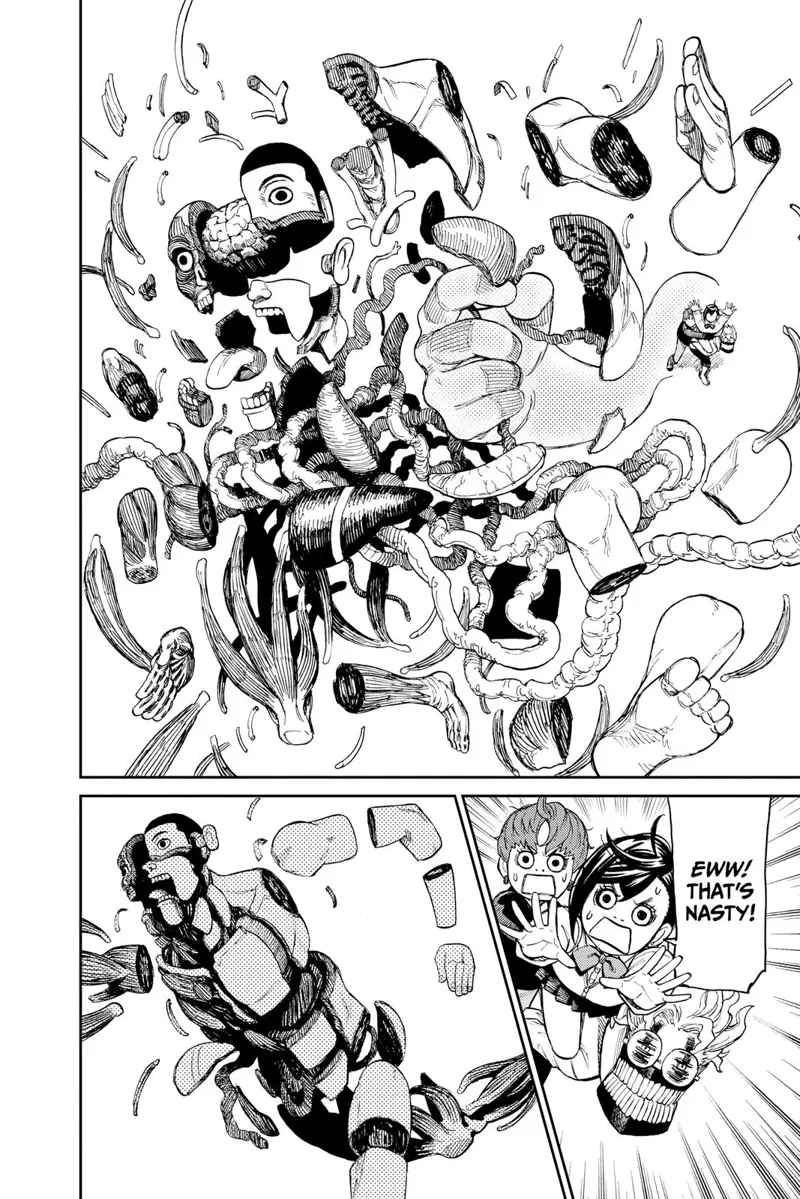 The naked, weird guy suddenly scrambles his body to break free from Momo's grip. He manages to form back into a human again.