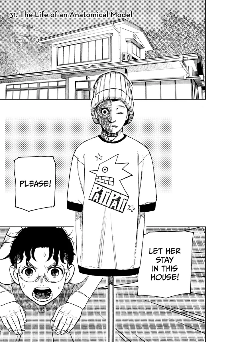 Okarun bows after bringing the mannequin to Grandma's house.