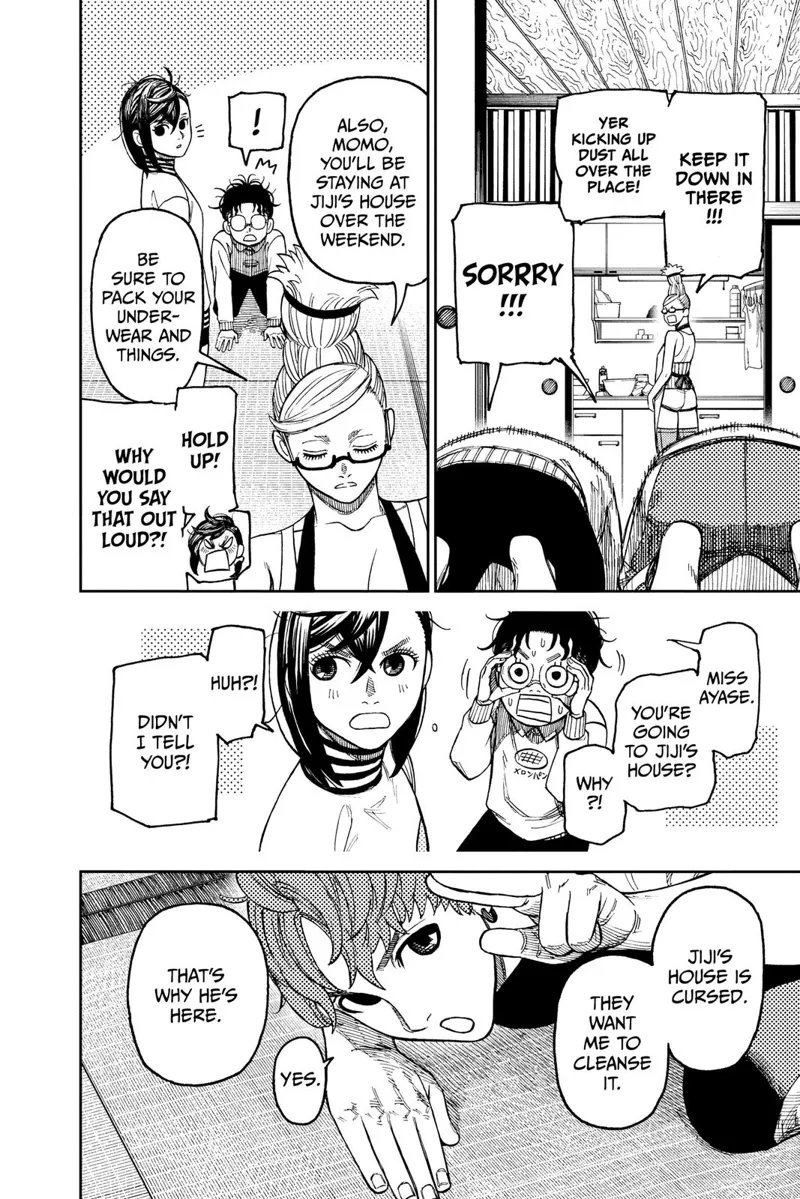 Momo and Jiji bow and apologise in front of Grandma, who is cooking. Momo then reveals that Jiji's house is cursed.