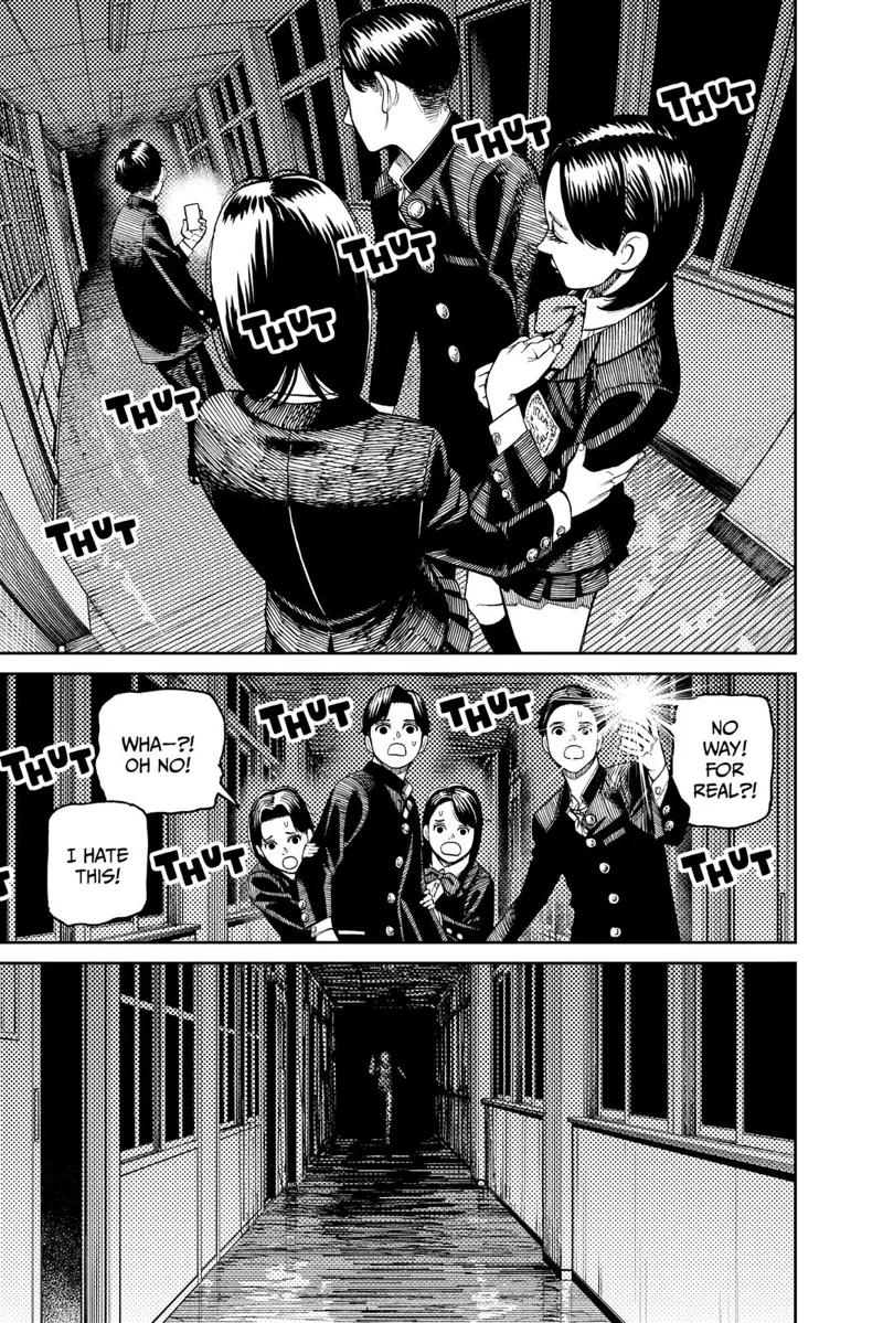 The four students notice someone running towards them. They start to panic.