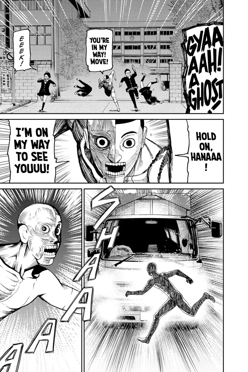 The four students scrambled and ran. Taro overtakes them, but he's about to get hit by a bus.