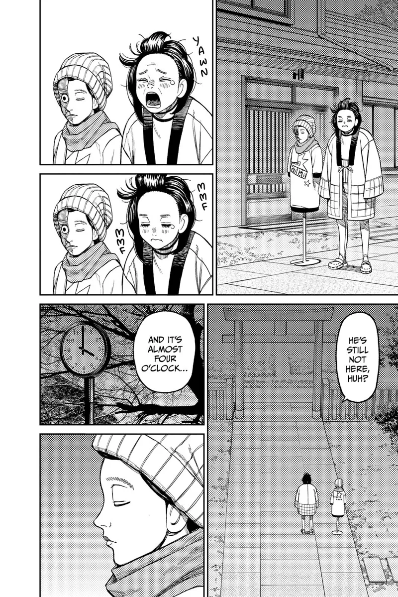 It's four o'clock, and Momo and Hana wait near the gate for Taro's visit.