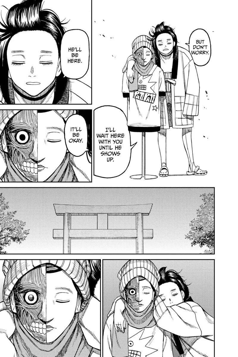 Momo puts her shoulder to the mannequin, Hana, as they wait for Taro. Momo falls asleep.