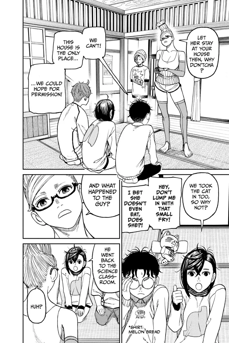 Okarun, Momo and Jiji sits in front of Grandma. Momo and Okarun ask Grandma to take the mannequin lady in.