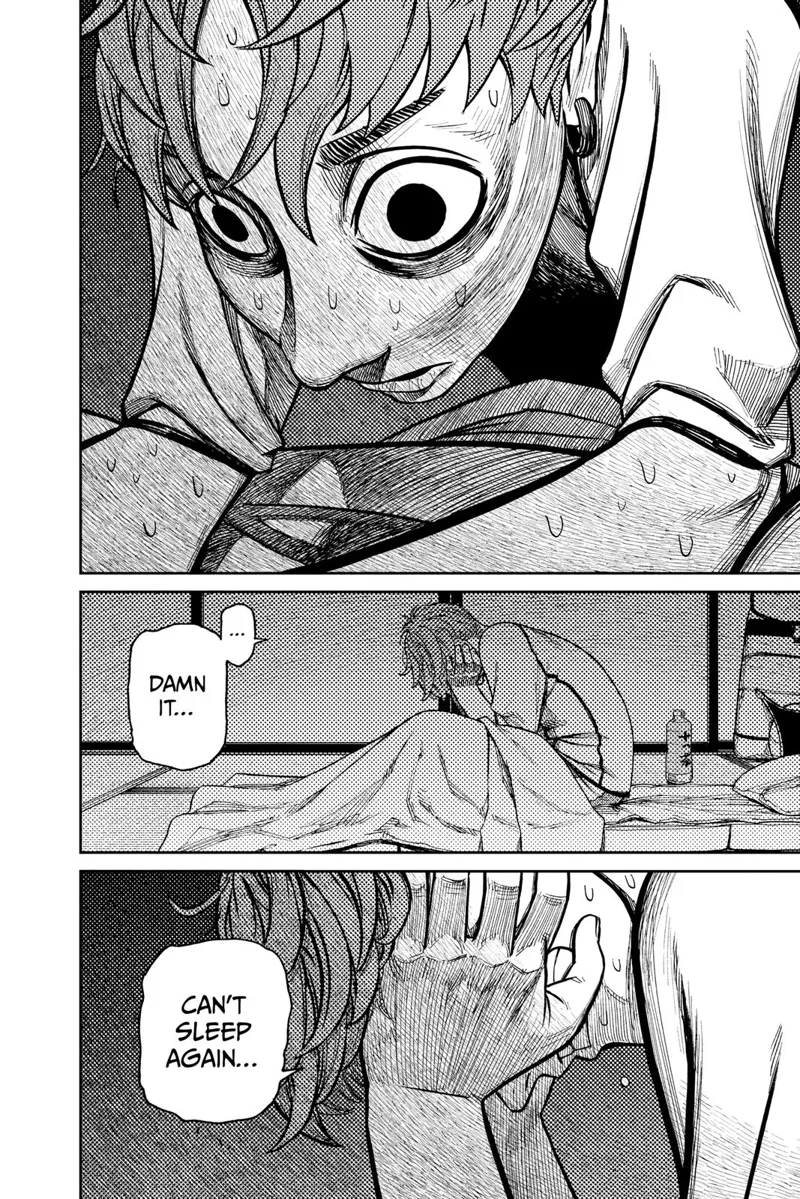 Inside Jiji's room, he looks scary. He can't sleep in his bed and is holding his head.