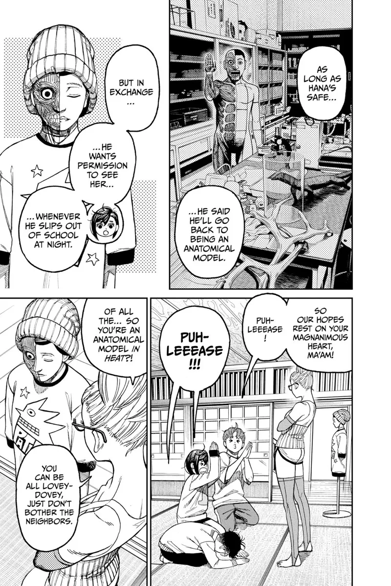 Grandma approves of letting Hana, the anatomical model, stay in her house while Taro is in the science classroom.