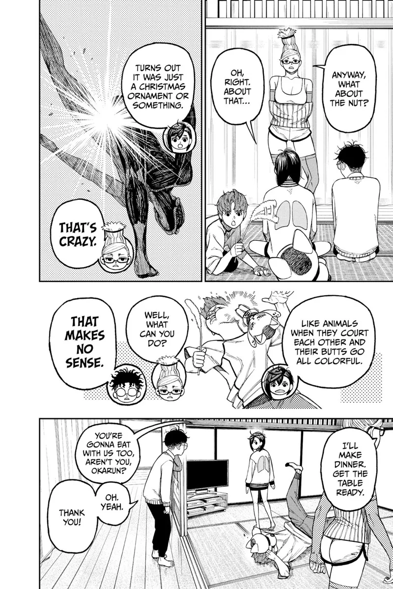 Momo reveals the golden nut from Taro was just a Christmas ornament. Grandma walks to prepare dinner.