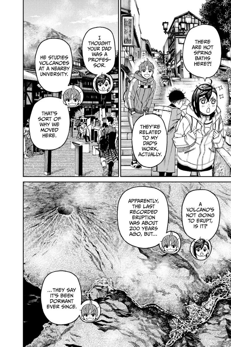 Momo's eyes glitter after knowing the place is filled with hot baths. Jiji reveals a volcano nearby.