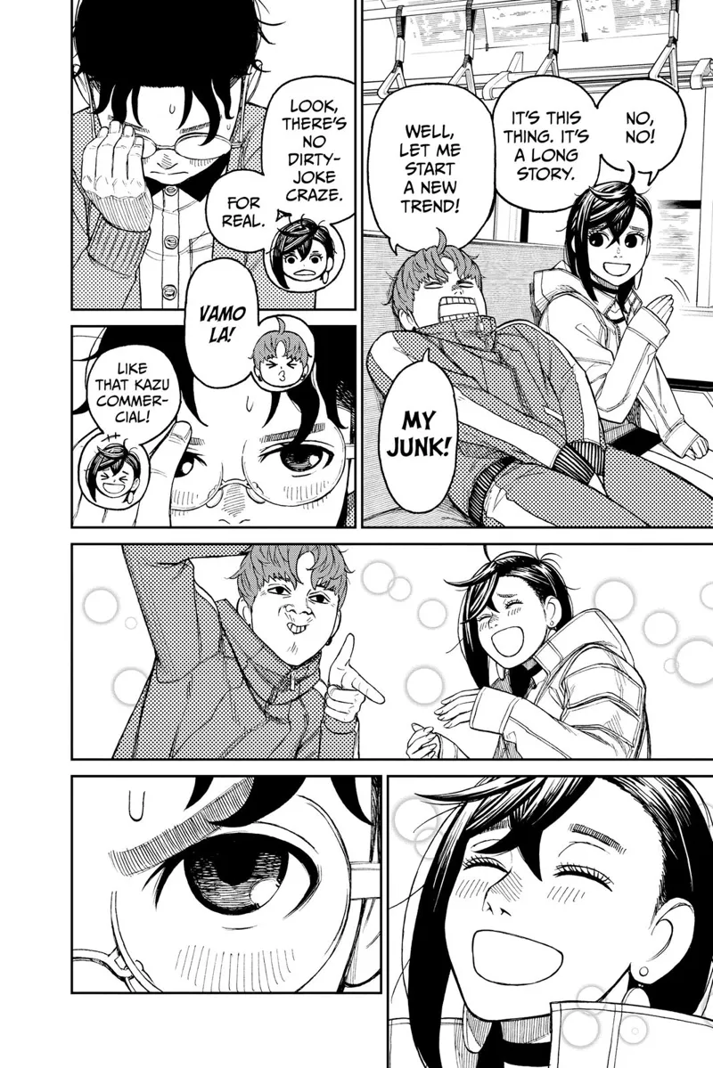 Okarun watches again as Jiji makes a funny joke, and Momo laughs at him.