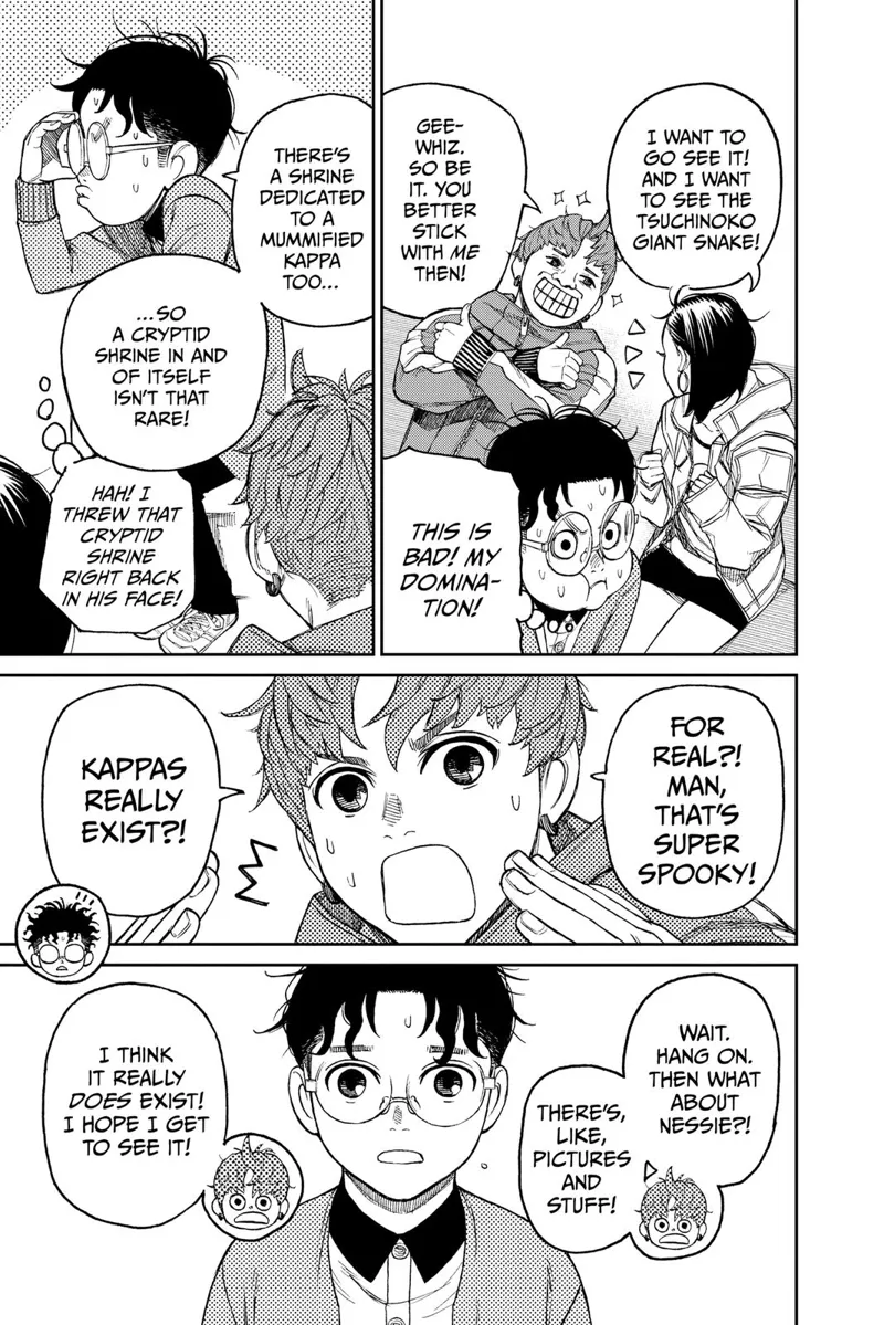 Okarun tells Momo and Jiji about a Mummified Kappa. Jiji gets excited about the kappa and wants to see Nessie, too.