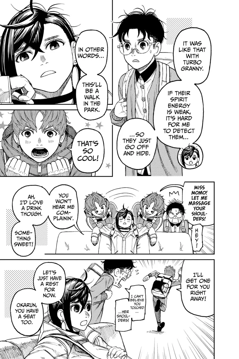 Jiji massages Momo's shoulders after telling the ghost in the house must be weak.