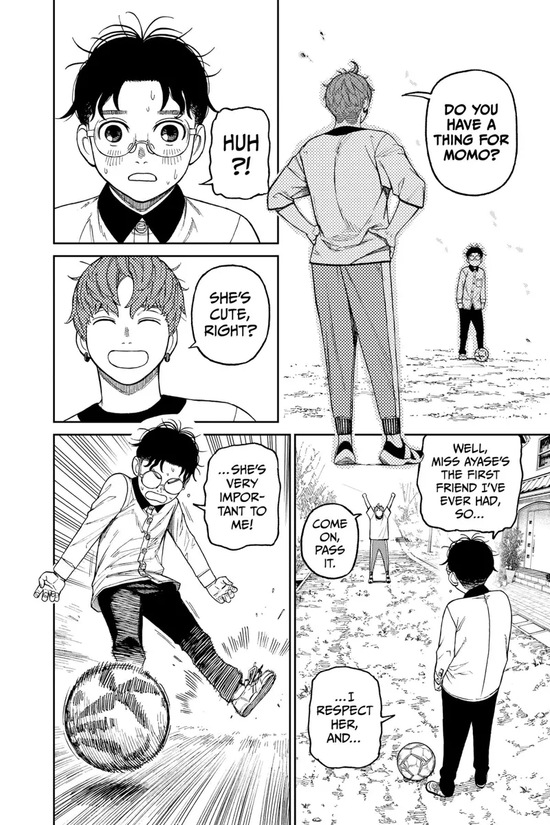 Jiji smiles and asks Okarun if he likes Momo. MOkarun kicks the ball to Jiji.