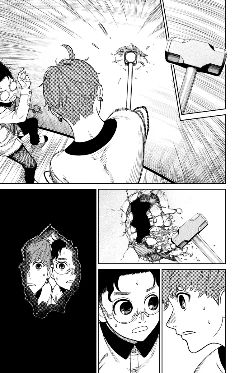 Jiji pounds the wall with a sledgehammer until they create a hole. Okarun and Momo peak at the wall.