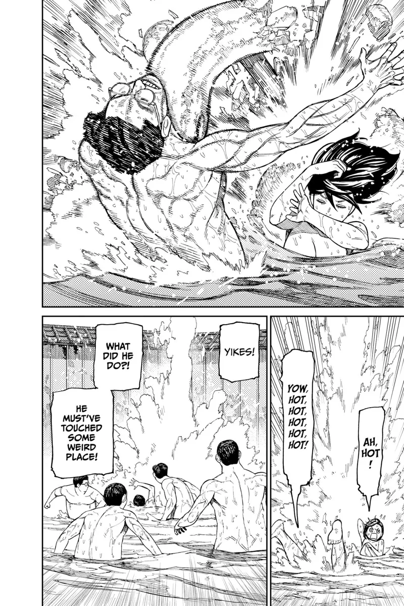 Momo throws a rock at the creepy man touching her. The other four men are surprised.