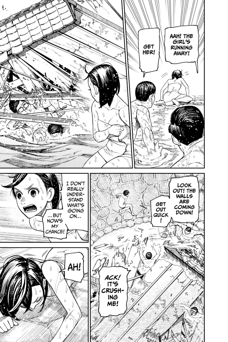 Momo starts running. The men chase her, but they get buried by the suddenly collapsing house. Momo trips.