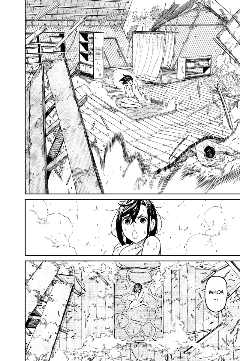 The bathhouse collapses, but Momo is safe.