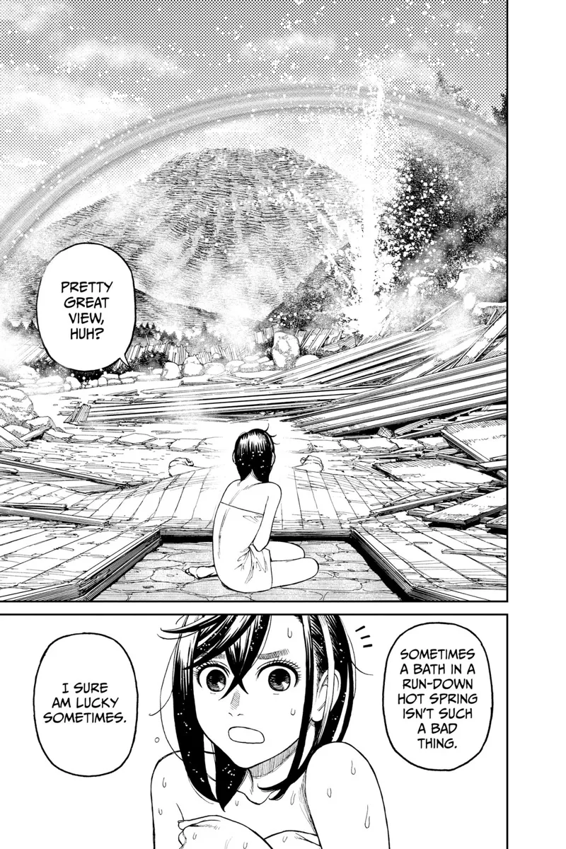 Momo sees the magnificent view of the volcano and a rainbow over it.