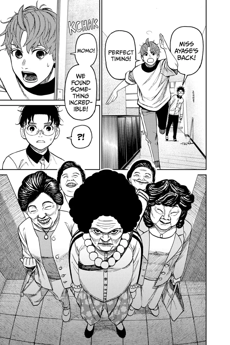 Jiji heads to the door, thinking it's Momo. Five old and weird ladies suddenly appear.