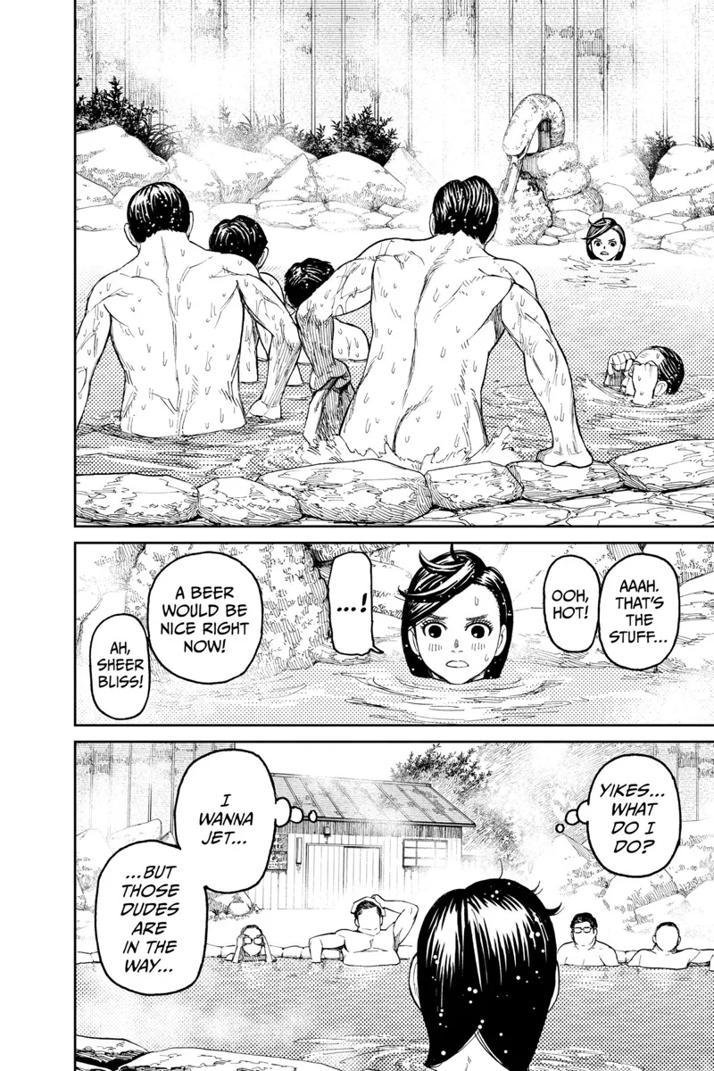 The five men immersed themselves in the bath. Momo submerges her body while keeping a distance.