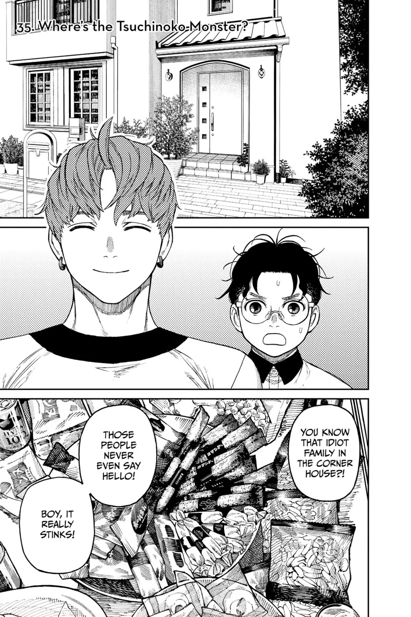 Jiji smiles while Okarun looks worried behind him.