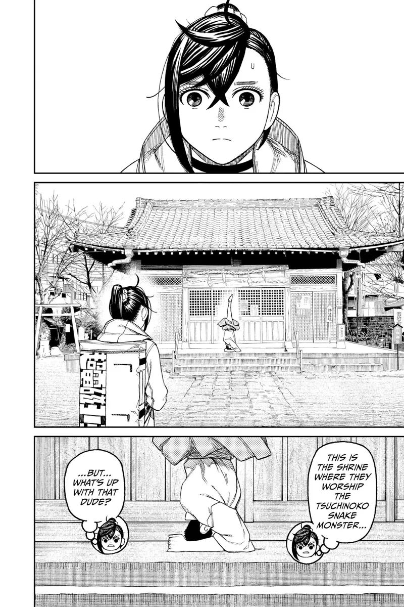 Momo walks to the Tsuchinoko Snake Shrine and sees a weird guy standing with his head on the floor.