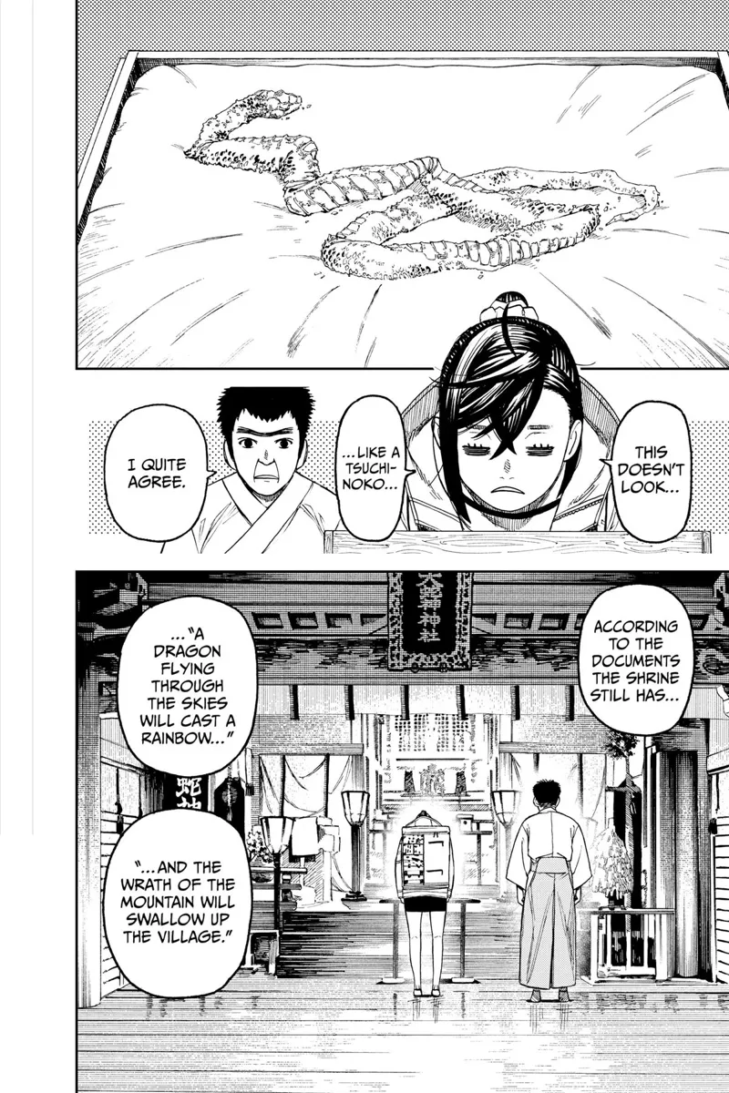 Momo looks disappointed after seeing a small, withered snake. The guy tells her about a legend.