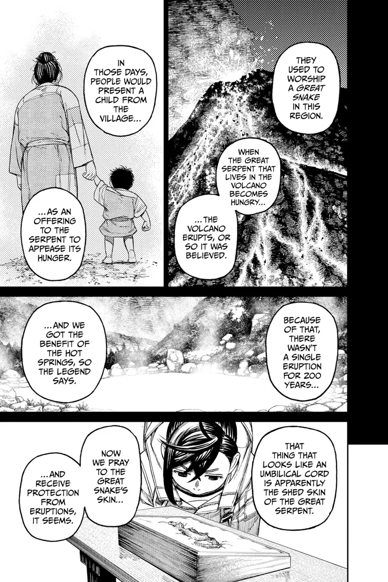 The guy talks about the people sacrificing a child to appease the hunger of a great serpent living in the volcano.