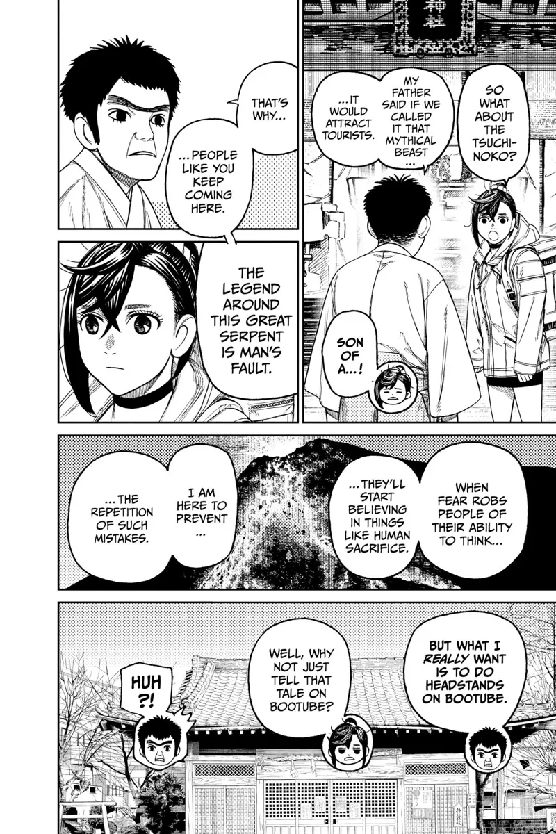 The guy reveals he is there to prevent any human from being sacrificed if the volcano starts erupting again.