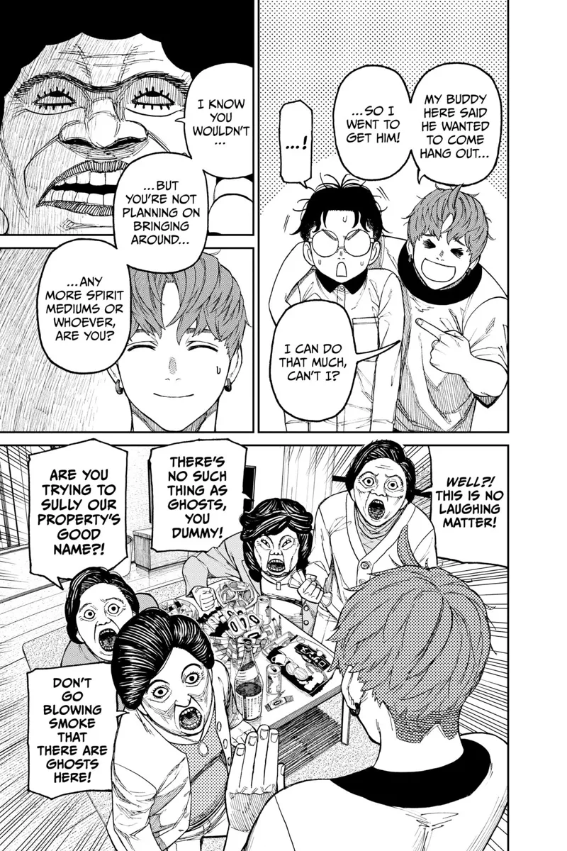 Jiji smiles while the old ladies ask if they are bringing spirit mediums into the house again.