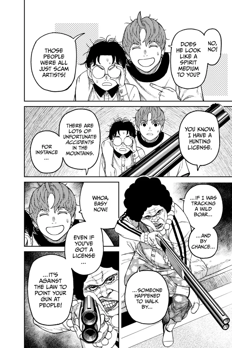 The Kito lady takes out her shotgun and boasts her hunting license. Jiji says pointing a gun at someone is against the law.