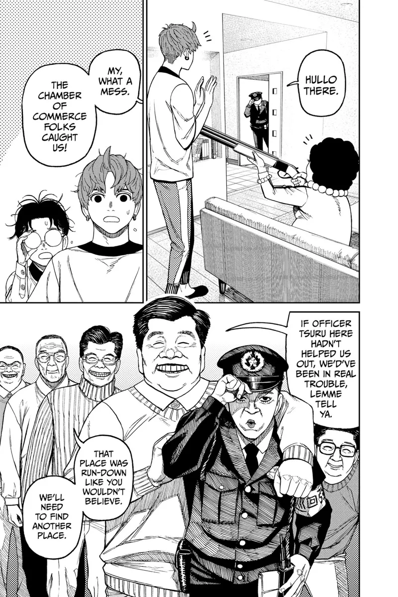 The five men who chased Momo appear in the house as well, together with a police officer who helped them escape.