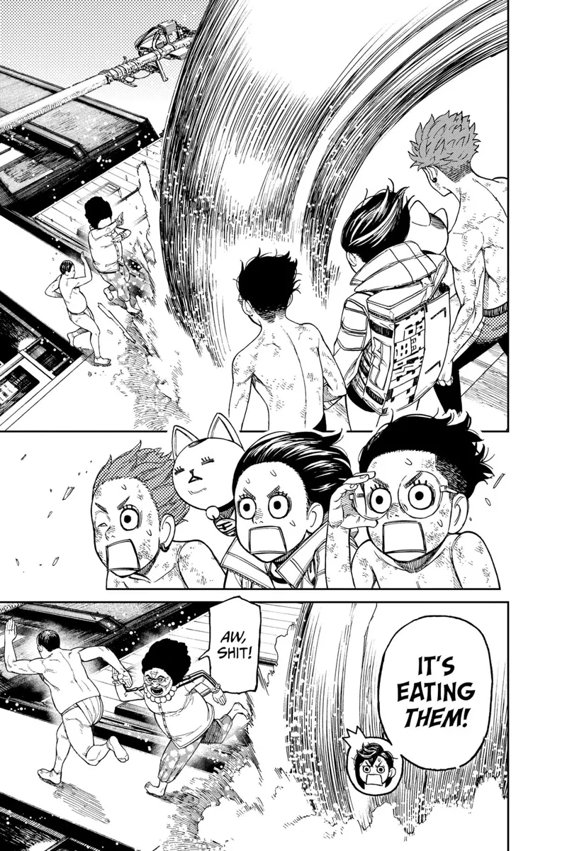 The Kuragari suddenly eats one of the Kito Family. Okarun, Momo and Jiji are shocked.