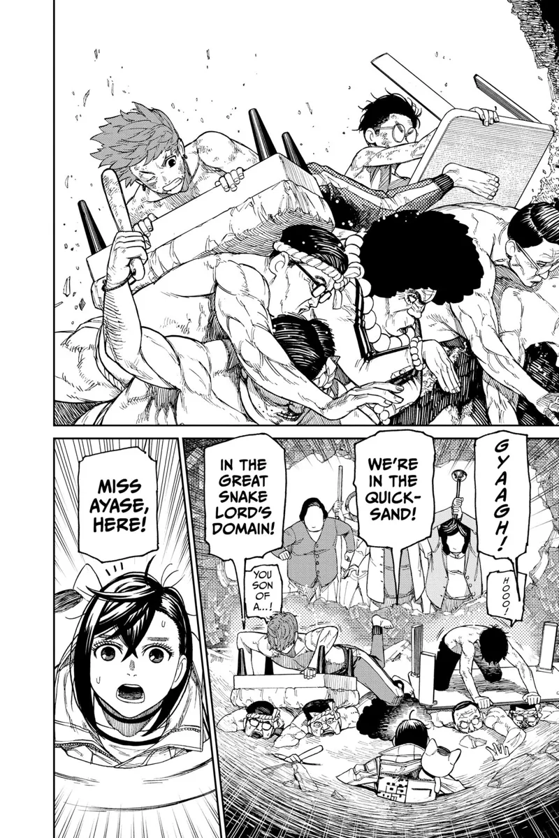 Okarun and Jiji suddenly attack the Kito family from behind and throw them inside the quicksand room with Momo.