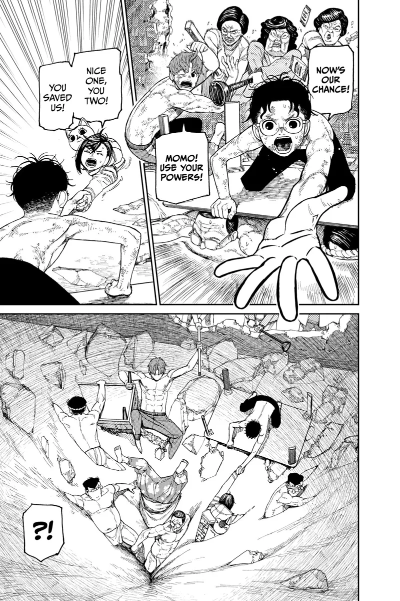 Okarun gives his hand to rescue Momo, but the ground becomes a steep slope at the center.