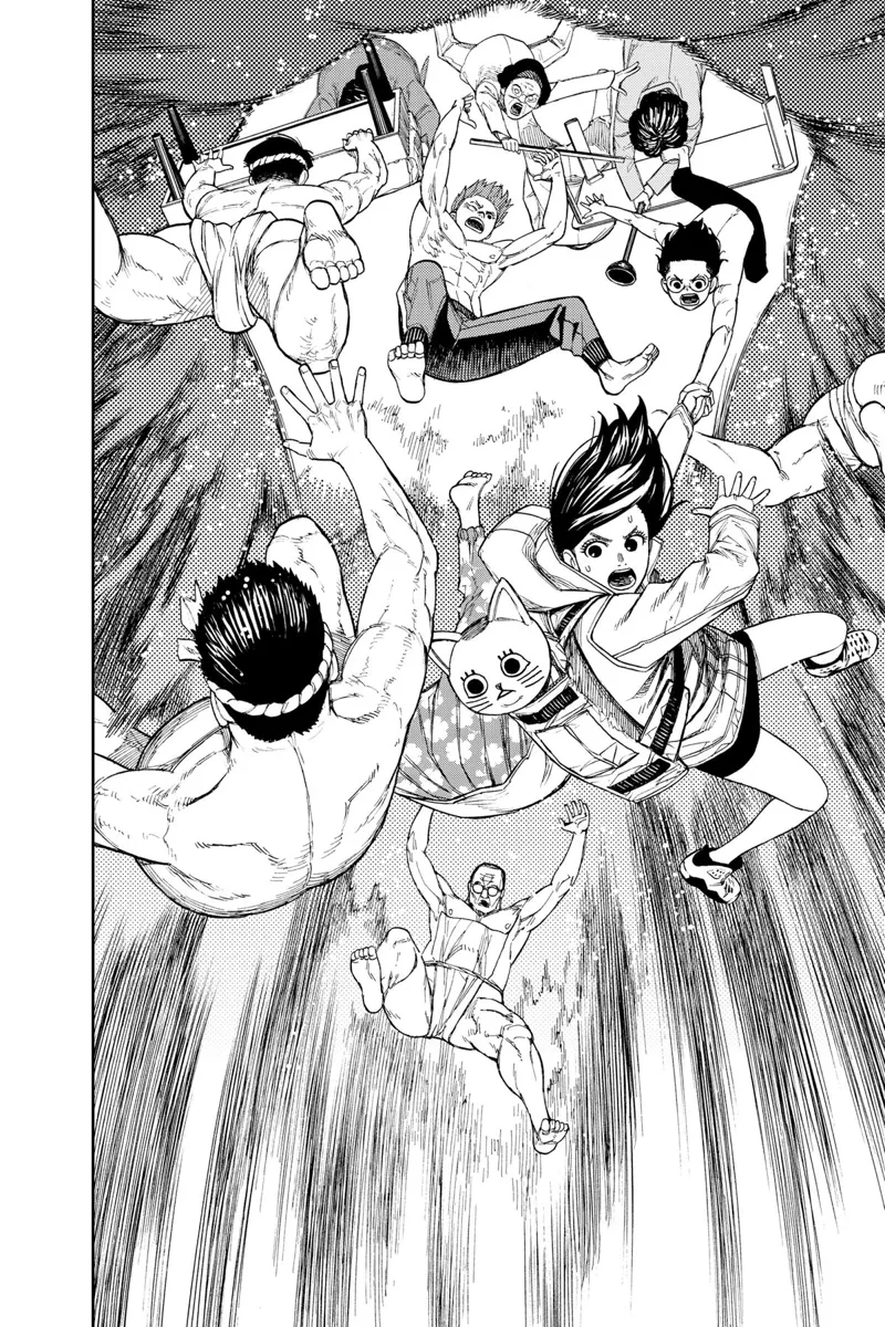 Momo, Okarun, Jiji, Turbo Granny, and the Kito family fall to the ground.