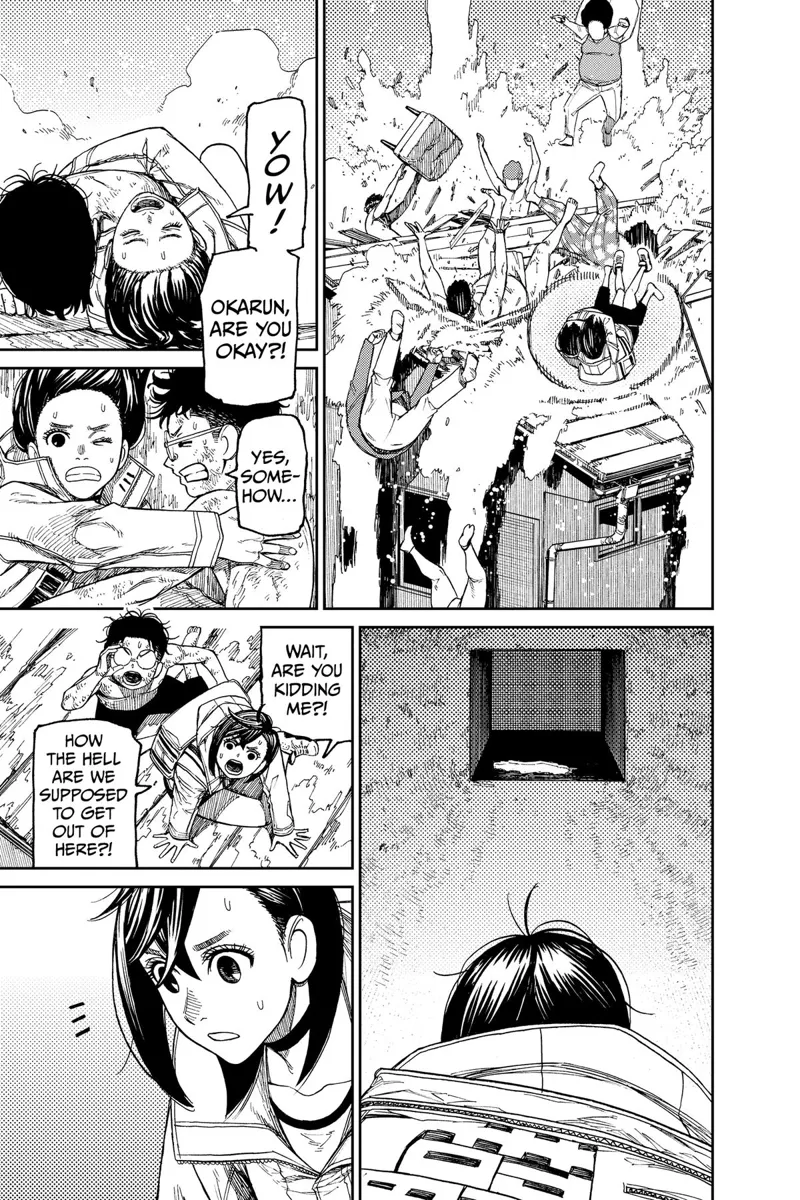 Momo, Okarun, Jiji, Turbo Granny, and the Kito family reach the bottom. Momo looks up and sees the exit too high.