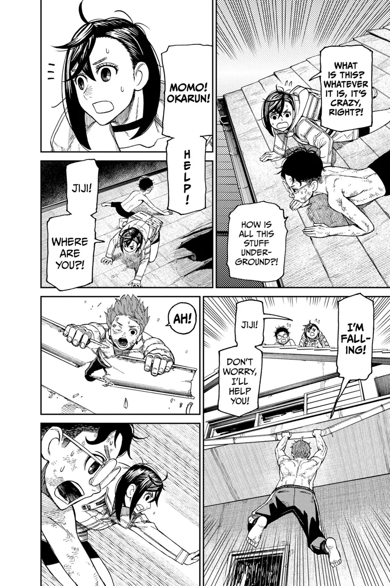 Momo and Okarun see Jiji holding on and about to fall. He reaches their arms to catch him.