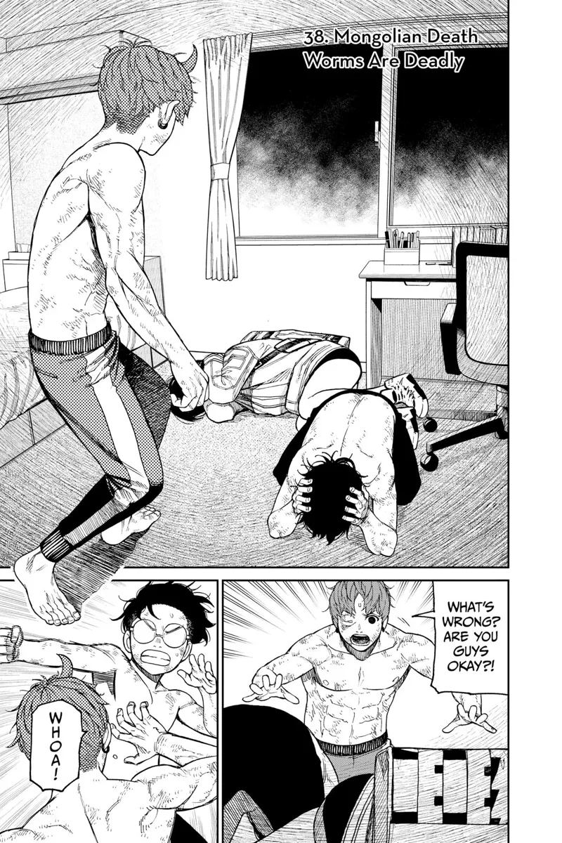 Inside the house, Momo and Okarun cover their heads, and Jiji wonders why. Okarun kicks him.