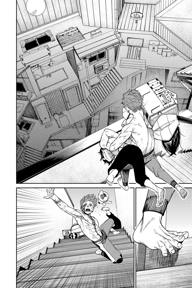 Jiji sees the houses below him. He trips and lets go of Momo, Okarun, and Turbo Granny as they fall down the stairs.