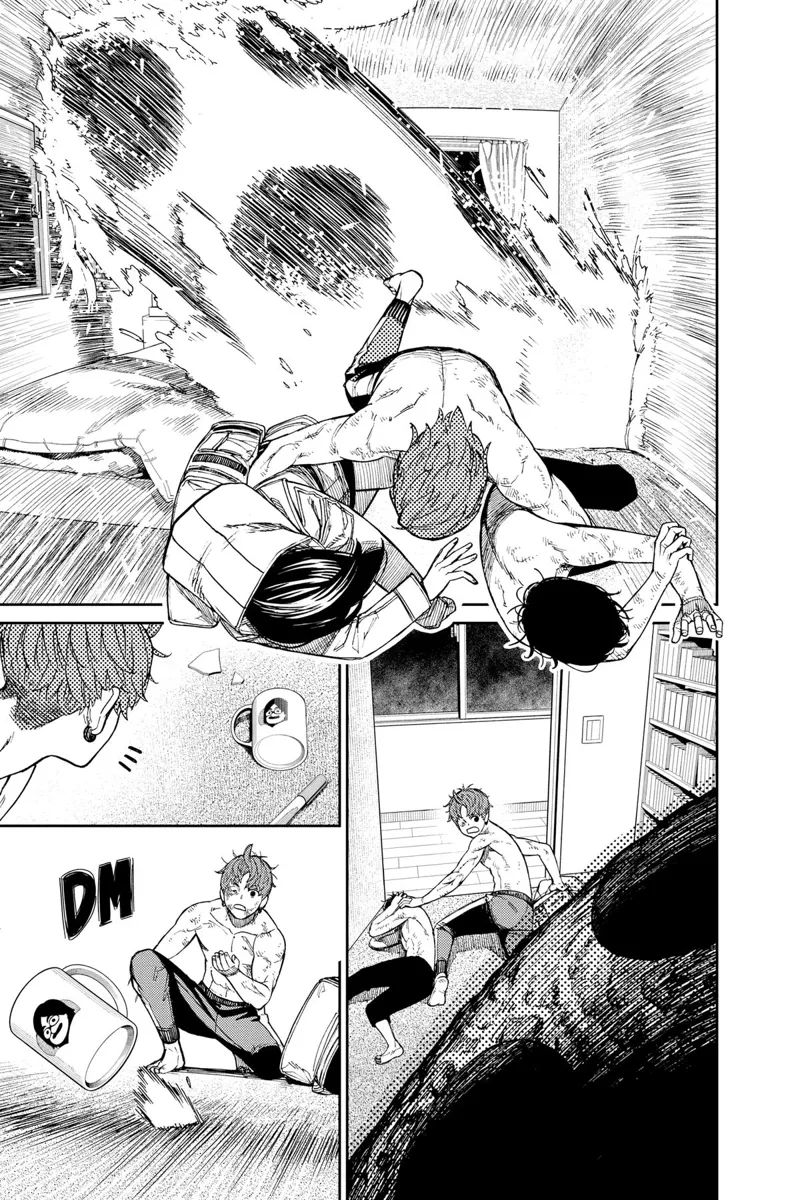 Jiji saves Momo and Okarun from getting devoured by the Kuragari snake monster. He throws a cup to the floor.