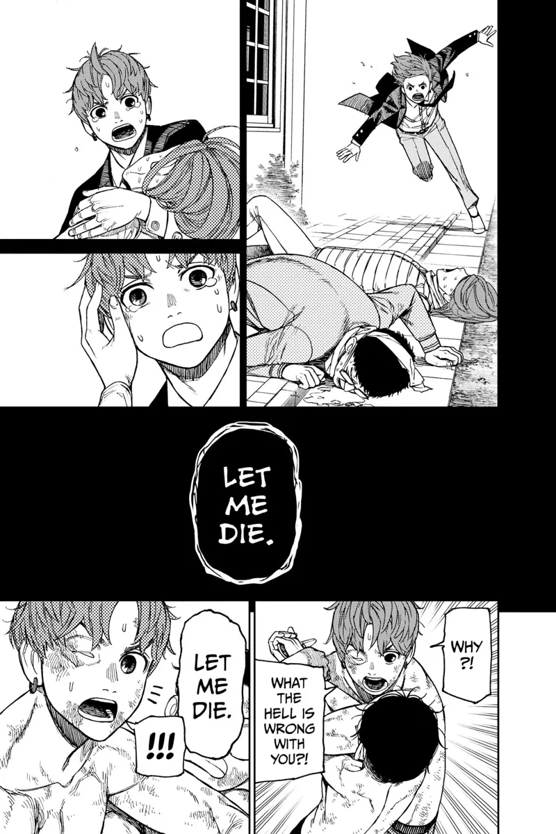 Jiji runs to his parents, who are sweating on the ground. Jiji stops Okarun from committing suicide.