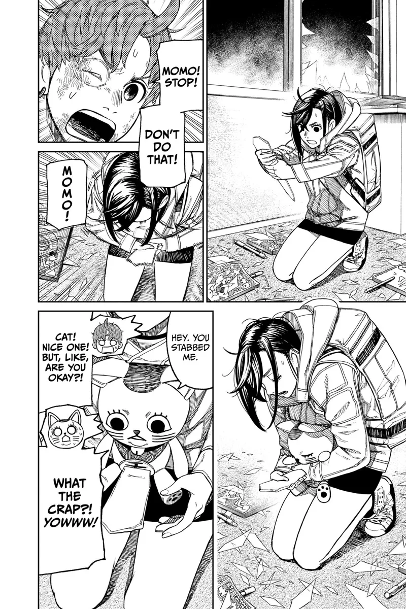 Momo gets a pointed window glass and stabs herself. But Turbo Granny gets stabbed instead.