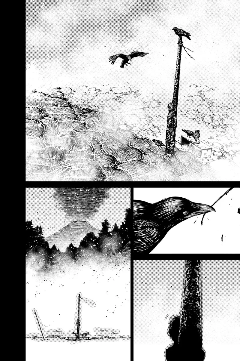 The boy gets burned while tied to a pole. The volcano stops erupting. Crows appear.