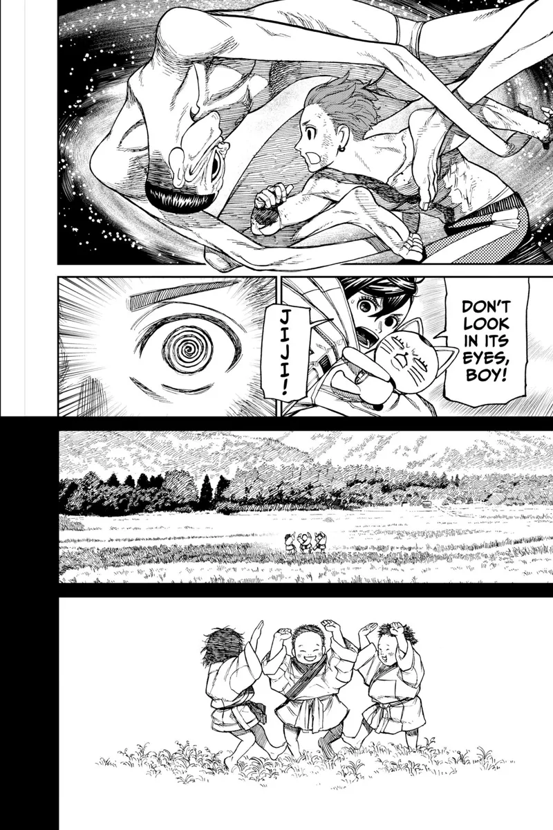 The Evil Eye moves in front of Jiji and stares at him. Jiji recalls three kids dancing in a field.