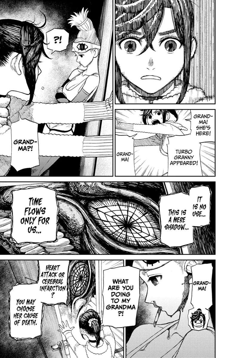 Momo tells Turbo Granny that she is in the bathroom, but she doesn't respond. Turbo Granny says time only flows for the two of them.