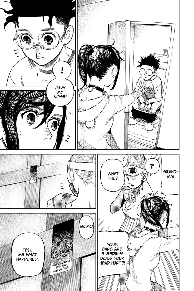 Suddenly, everything is back to normal, but Okarun and Grandma's nose bleeds. Grandma sees the seal broken.