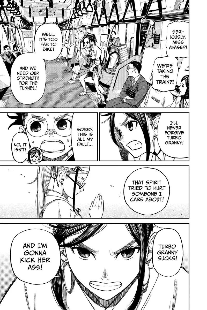 Momo and Okarun are on a train because the tunnel is too far for a bike. Momo wants to defeat Turbo Granny for hurting her Grandma.