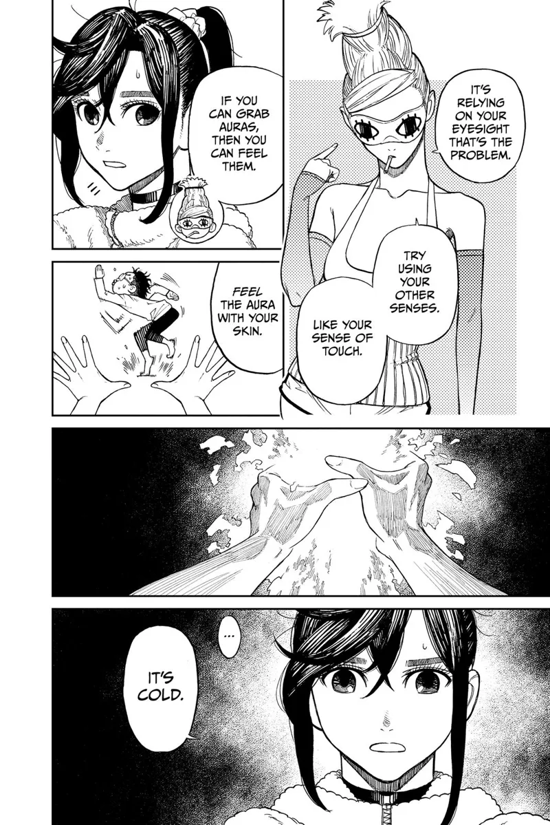 Grandma tells Ayase to use her other senses to control Okaru's aura. Ayase grabs Okaru's aura and feels it cold.