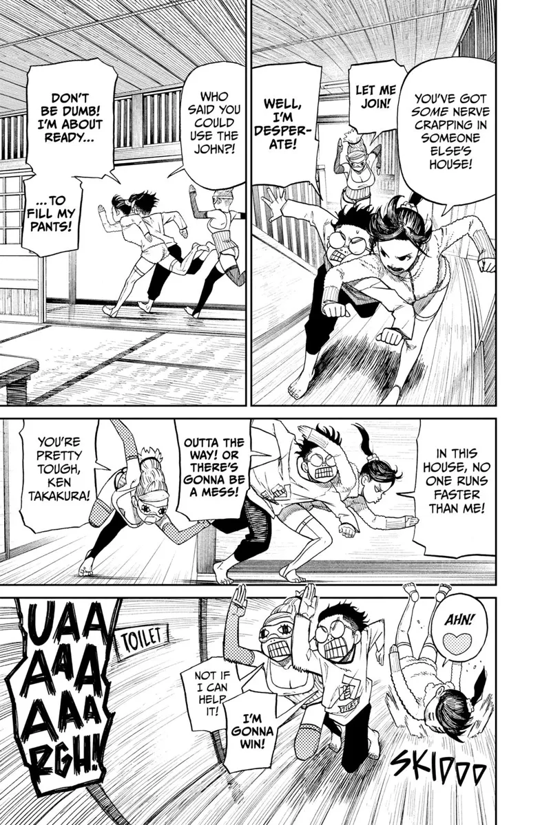 Okarun and Momo race to the bathroom. Grandma joins the race. Momo stumbles after Grandma mentions Ken Takakura.